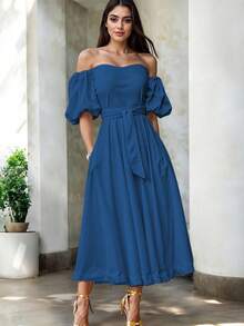 Vestido Midi Hombros Descubiertos Volante Decorativo Cintura Ceñida Falda Acampanada Corte Elegante Silueta Fluida Diseño Moderno Casual Y Elegante Moda Mujer Vestido Clásico - Azul petróleo - Ver 5
