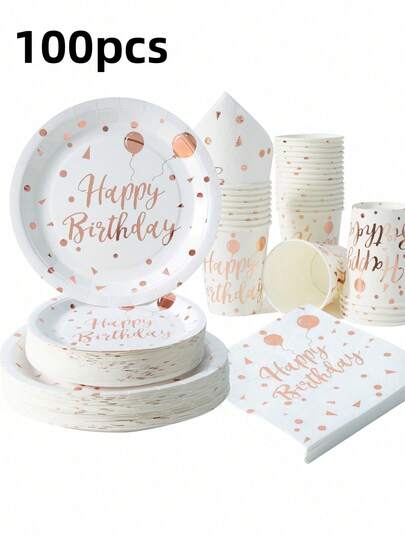 1 zestaw jednorazowego sprzętu stołowego w kształcie balonu urodzinowego, zawiera 7/9-calowe białe i różowo-złote talerze jednorazowe, kubki i serwetki, odpowiednie do dekoracji i spotkań urodzinowych