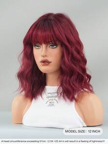 AKAKO 12 Inch Burgundy Short Wavy Wig, Water Wave Curly Bob Wigs With Full Bangs, Fluffy Synthetic Heat-Resistant Fiber Hair Halloween Costume Wig For Cosplay Wear, Music Festival, Carnival Party Use - Burgundy - View 3