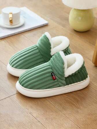 绿色冬季毛绒内衬一脚蹬保暖拖鞋，女士室内防滑保暖厚底情侣毛绒拖鞋