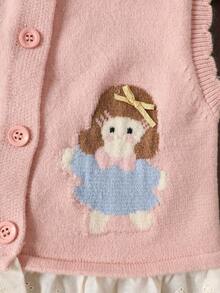 WUHUANG YIYI Baby GirlCute Floral Pattern Lace Trim Knit Cardigan With 3D Bow Decor, Suitable For Autumn/Winter - Baby Pink - View 6
