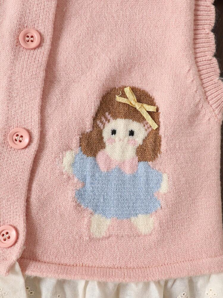 WUHUANG YIYI Baby GirlCute Floral Pattern Lace Trim Knit Cardigan With 3D Bow Decor, Suitable For Autumn/Winter - Baby Pink - View 6