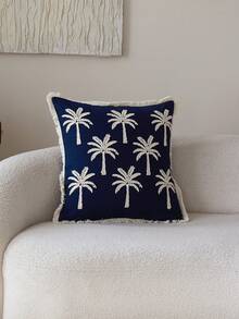 1pc Blue Embroidered Coconut Tree Decorative Throw Pillow Cover, Suitable For Indoor Decor, All Season, Pillow Insert Not Included