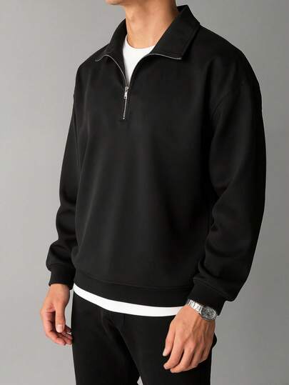 New Men's Solid Color Minimalist Half-Zip Sweatshirt, Fashion Autumn/Winter Casual Loose Crew Neck Sweatshirt