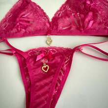 Sexy Backless Set With Pendant Detail And Thong - 玫紅色 - 查看 3