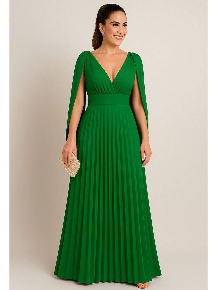 Long Pleated Dress V-Neckline Bridesmaid Dress For Wedding Graduation And Parties - 墨綠色 - 查看 1