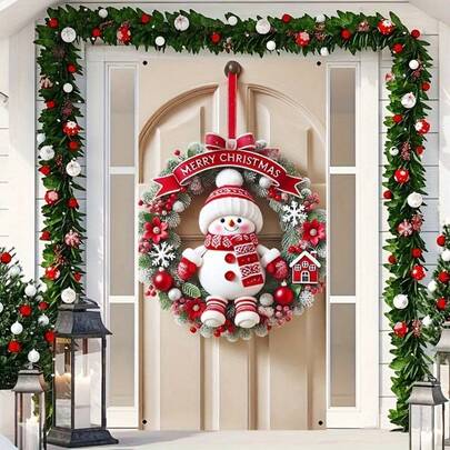 1 pezzo Ghirlanda natalizia in poliestere a forma di pupazzo di neve, 89,99 x 179,98 cm, decorazione natalizia per porta, decorazione in peluche rosso e bianco a forma di pupazzo di neve, multiuso per casa, giardino, cortile, feste all'aperto, senza alimentazione elettrica