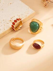 Set de 4 anillos de joyería de metal con gemas geométricas en estilo bohemio, un regalo versátil para fiestas, bodas y ocasiones casuales para mujeres y parejas