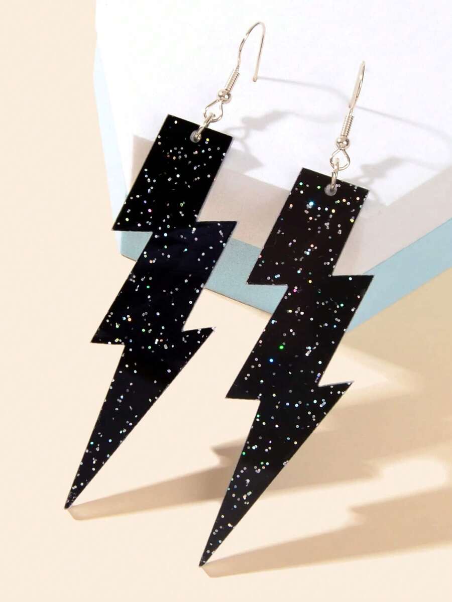 1 Pair Retro Shiny Black Acrylic Lightning Bolt Pendant Earrings, Suitable For Women To Wear To Parties And Daily - Black - View 1