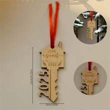 1pc Wooden Christmas Ornament In Key Shape, "Home, Sweet Home 2025" New Home Gift, Holiday Hanging Decor Home Decor Christmas Decorations Room Decor