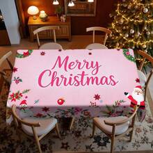 1pc Pink Christmas Theme Rectangular & Round Tablecloth, Santa Claus & Snowman Pattern Tablecloth With Red Berries, Green Pine Branches, Pink Flowers, Christmas Decor, Suitable For Indoor & Outdoor Use - Easy To Clean Holiday Dining Tablecloth, Multiple Size Options Available