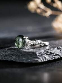 Solid 925 Silver Ring 8mm Round Green Rutilated Quartz Natural Crystal Adjustable Vintage Style Statement Bands For Women Jewelry Boho Gift