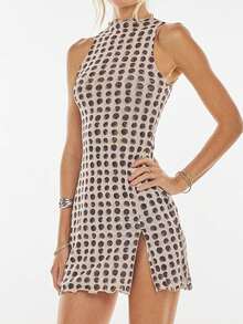 Women's Y2K Polka Dot Mini Dress High Neck Sleeveless Bodycon Mini Dress High Slit Slim Fit Party Club Dresses Vintage Streetwear Summer Outfit - 棕色 - 查看 3