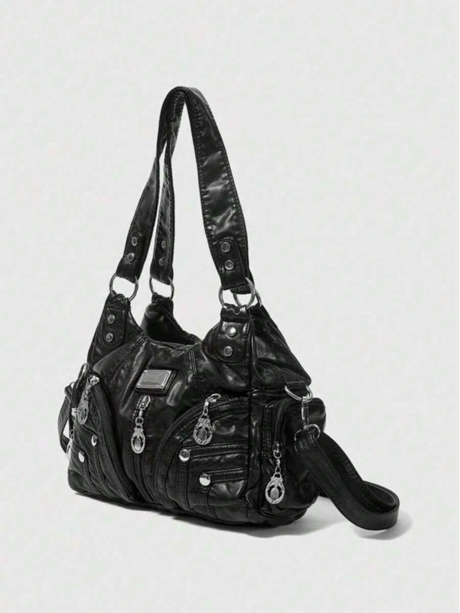 Grunge Punk New Punk Rock Chic Ladies Shoulder Tote Bag, Darkcore Motorcycle Handbag For Women, New Fashionable Big Bags For Women - 黑色 - 查看 1