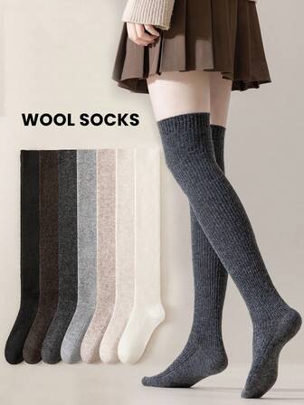 1 par de calcetines por encima de la rodilla para mujer, calcetines de lana con rayas verticales multicolor, calcetines altos y cálidos de estilo retro, versátiles y de moda para otoño/invierno, calcetines acogedores