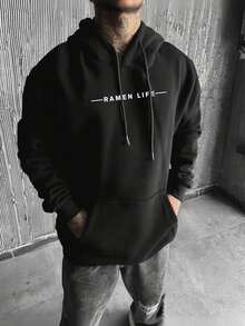 Krometka 男士休闲街头风英文标语印花连帽衫，秋冬款 - 黑色 - 查看 3