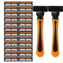 Men's Manual Safety Razor, Triple Layer Stainless Steel Blades, Replaceable Shaving Head - Orange - View 20