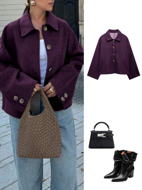 Women's Fashionable And Casual French Style Design Single Breasted Short Style With A Loose Collar Woolen Coat