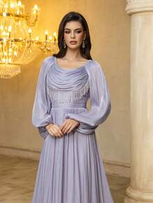 UNITHORSE 女士圆领长袖流苏修身雪纺气质晚礼服