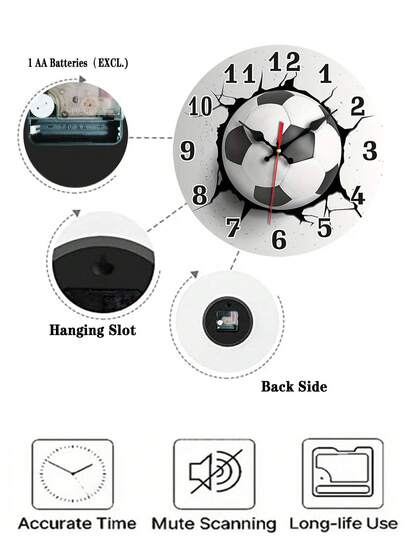 1pc Stylish Silent Soccer Ball Wand Klok Round Wooden Quartz Movement, Ideal Bedroom, Living Room, Office, Kitchen, Bathroom Battery Operated (AA Not Included), Kitchen Clock|Modern Item view 5