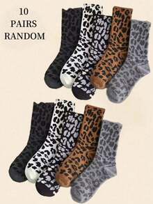 1/10 Pairs Women Vintage Leopard Print Stylish Sports Mid-Calf Socks - Multicolor - View 7
