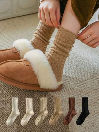 3 Pairs Cashmere Wool Socks Women's Winter Thicken Warm Black White Pack Set Thermal Fashion Solid Color