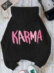 1 Stück Teenager Mädchen "KARMA" Muster Schwarzer Hoodie, weich und bequem, Lässig Alltagskleidung