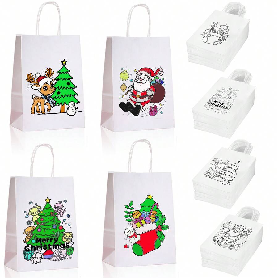 4/12/24pcs Christmas Themed Coloring DIY Paper Gift Bags, Includes Santa Claus, Reindeer & Other Fun Patterns, Handmade Painting & Coloring, Creative Crafts, Party Favor Bags, Holiday Gift Bags, Christmas, Party Decor (Colored Pens Not Included) Christmas Christmas Decorations Christmas Pajamas Christmas Gifts Christmas Decor