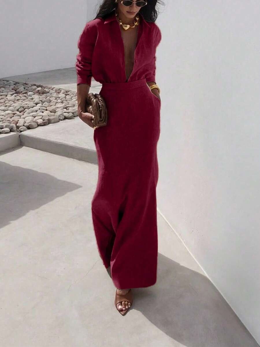 女士休闲长袖衬衫半裙套装，秋冬季 - 紅色 - 查看 1