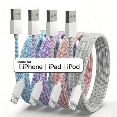 1/4 件 20W 3.3 英尺/100 厘米 USB 转 Lightning 尼龙编织数据线，兼容 14 13 12 11 Pro Max XR XS X 8 7 6 Plus SE/iPad，高效快速充电线 MFi 认证