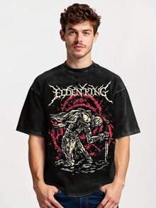 Camiseta gráfica lavada Elder para hombres - Ropa de calle hip hop negra con diseño intrincado del Rey Elder, camiseta de manga corta con cuello redondo, camisa casual de verano, lavable a máquina, ropa para todas las estaciones |   Camiseta de estilo vintage |   Ropa de fácil cuidado - Negro - Ver 1