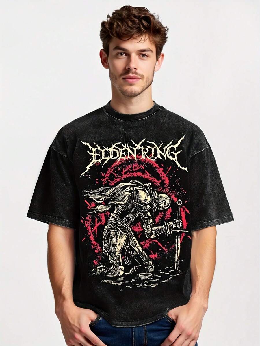 Camiseta gráfica lavada Elder para hombres - Ropa de calle hip hop negra con diseño intrincado del Rey Elder, camiseta de manga corta con cuello redondo, camisa casual de verano, lavable a máquina, ropa para todas las estaciones | Camiseta de estilo vintage | Ropa de fácil cuidado - Negro - Ver 1