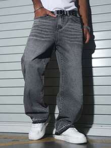 男士休闲街头水洗斜插口袋阔腿牛仔裤 - 灰色 - 查看 4
