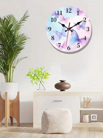 Horloge murale en bois avec motif papillon élégant, horloge silencieuse avec motif d'arrière-plan aquarelle rose et violet, décoration pour salon, chambre, cuisine, bureau, décoration d'art moderne pour la maison, décoration de Noël et du Nouvel An, cadeau d'anniversaire idéal, horloge murale de style, horloges pour le salon, grandes horloges décoratives