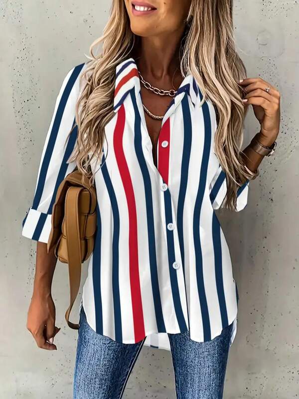 Camisa casual con botones y rayas para tallas grandes