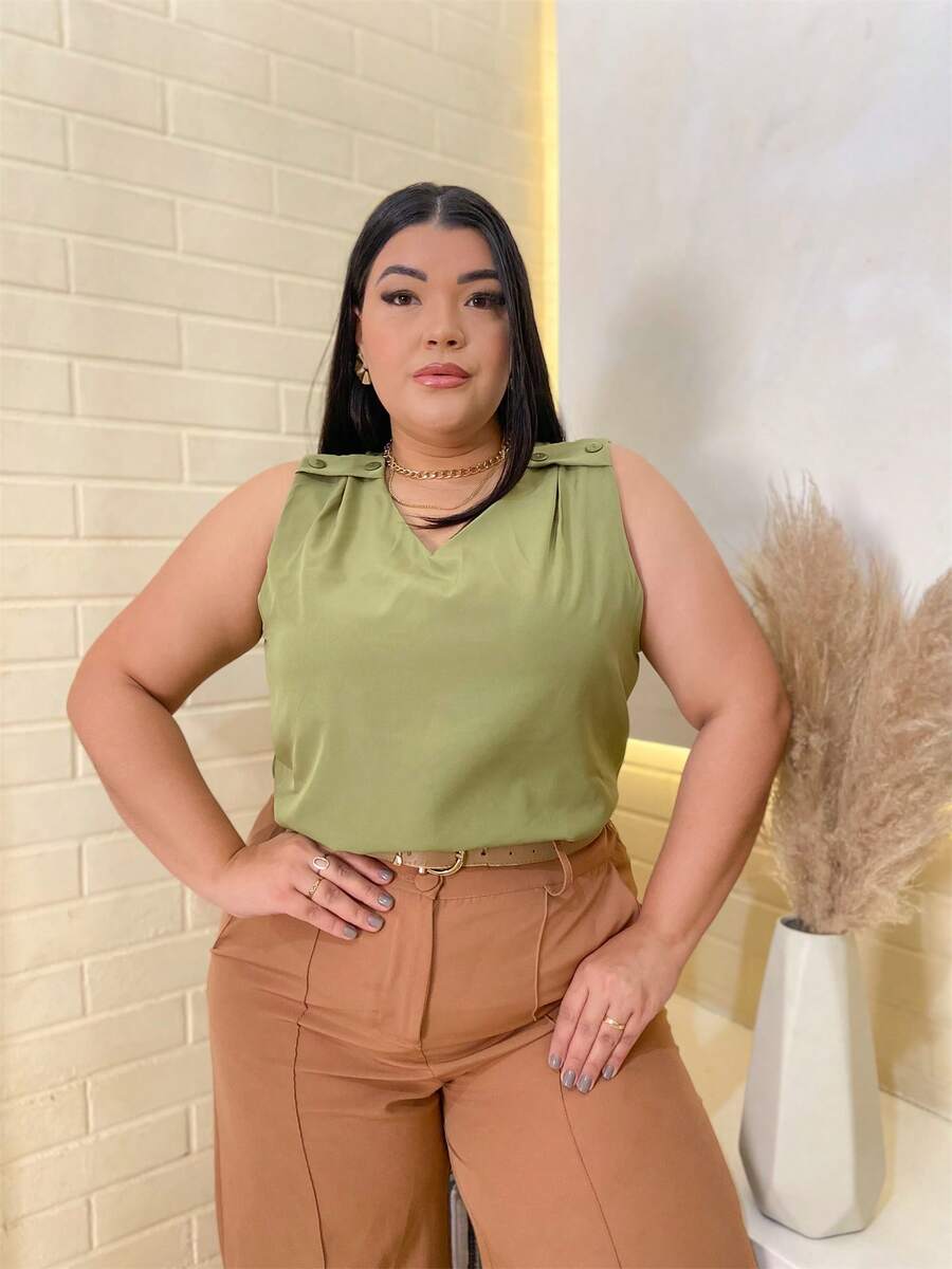 RAINBOW Plain Tank Top Sleeveless Blouse Plain Creppinho With 4 Buttons Plus Size G1G2G3 46-52 Casual Women - 62-VERDE MUSGO - 查看 1