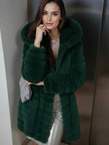 Abrigo Elegante Largo de Color Sólido con Capucha y de Peluche, Envolvente para Mujer Ideal para Otoño/Invierno - Verde Esmeralda - Ver 3