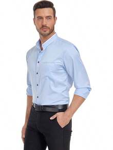 Mandarin Collar Dress Shirt For Men Clergy Shirt Collarless Button Down Business Casual Shirtshalloween - Xanh trắng - Xem 9