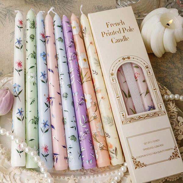 2pcs Printed Long Stem Candles, 25cm/9.8in Size, Romantic Candlelight Dinner, Christmas Gift, Home & Kitchen Decor
