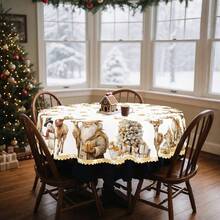 1/36pcs Christmas Elk, Christmas Tree, Snowman Pattern Table Decoration Tablecloth - 100% Polyester Rectangular Table Round Table Embossed Tablecloth, Suitable For Holiday Parties, Family Gatherings, Festive Atmosphere Decoration - 09 - View 5