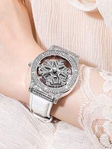 GUANQIN 1 buc ceas impermeabil cu schelet gol, cu cadran unic cu design de fulg de zăpadă, rezistent la uzură, curea din piele PU confortabilă, modă business, lux, sportiv, clasic, simplu, casual, stil mecanic, ceas cu cuarț automat, potrivit pentru Halloween, Crăciun, studenți, festivaluri, întâlniri, afaceri, zi de zi, cadouri