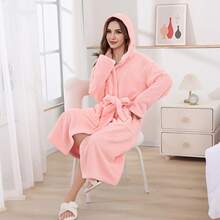 1 بشكل الأناناس/تصميم سادة ذو كابوت للنساء بحزام وجيب، منشفة قابلة للارتداء، منشفة حمام، رداء طويل ذو كابوت، قميص نوم نسائي مطبوع بنمر وفيونكة