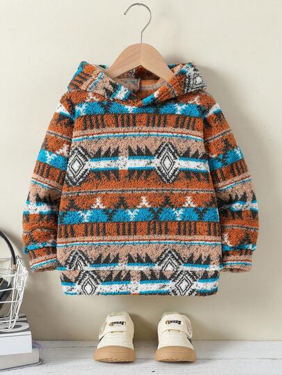 Felpa con cappuccio in pile alla moda per ragazzo, pullover caldo a maniche lunghe con stampa colorata di totem, adatto per casual, passeggiate all'aperto, parco, feste, raduni familiari, accattivante