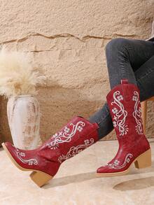 Damen Stickerei Knöchel Stiefel & Overknee Stiefel, Schlüpfen, modischer Plateau Absatz Spitzschuh, bequeme Lederstiefel für Herbst/Winter