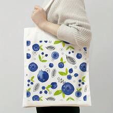 1pc Blueberry Print Canvas Tote Bag - Reusable Grocery Bag 13.8x15.8 Leak-Proof Durable Polyester Canvas Shopping, Beach, Work, School - Stylish Fruit Design Holiday (Easter, Mother's Day, Graduation), Grocery Tote Bag, Beach Carryall