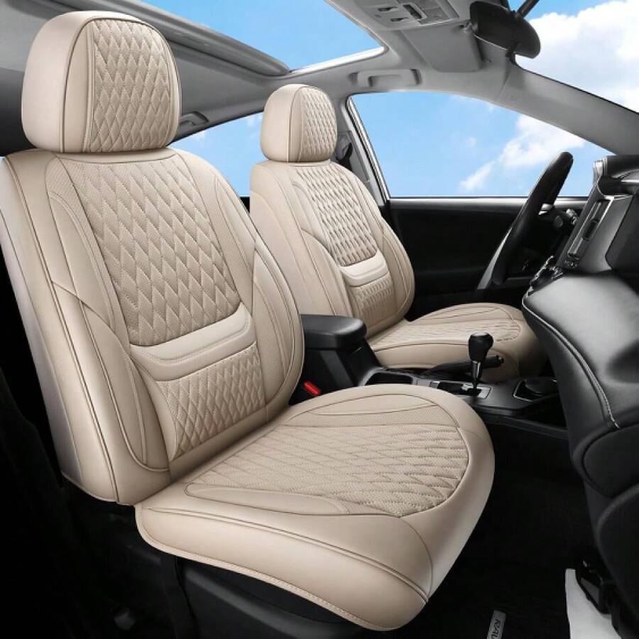 Car Seat Covers, Leather Car Seat Covers, Automotive Seat Covers 2 Front Seats, Fit For Most Cars SUV Anost Sedans Hatchbacks Crossovers, Super Breathable Waterproof Full Wrapping Edge Seat Covers,19067507 - Màu be - Xem 1