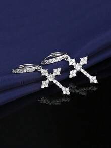 一对钻石菱形十字耳钉，独特的欧美高端设计，男女皆宜 - 銀色 - 查看 2