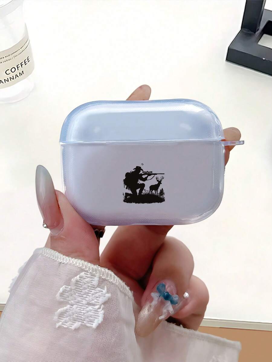 The Ins Style With Creative Hunter Pattern Apple Wireless Bluetooth Earphone Protective Cover Is Compatible With Airpods4/1/2/3/Pro/Pro2 Glossy Transparent Frosted Black TPU Material Soft Shell Anti Drop Earphone Cover, More Impact Resistant, Making It The Best Gift For Family, Friends, And Couples