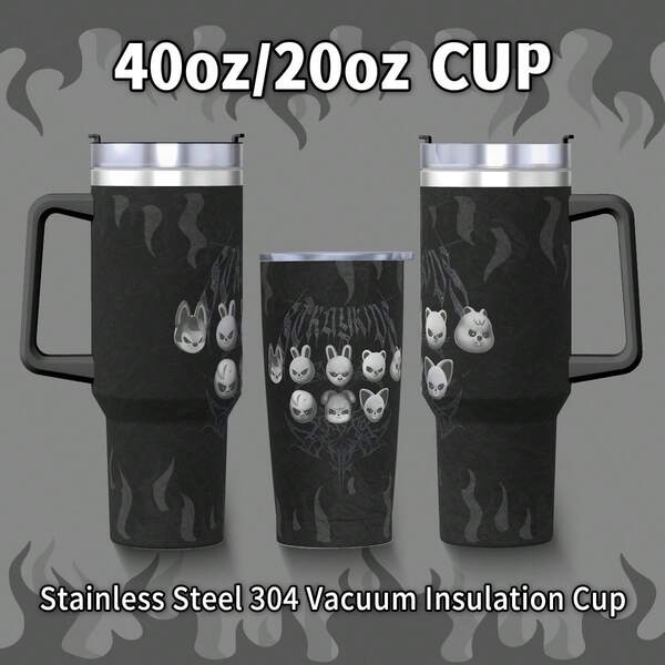 EVIL SKZOO Vaso de acero inoxidable de 40oz/20oz con pajita y asa - Taza aislada al vacío 304 a prueba de fugas para bebidas calientes/frías, perfecto para viajes/hogar/exterior, regalo reutilizable de Kpop para Navidad/Halloween, artículo de colección imprescindible para fans