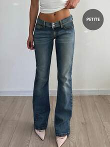 Y2K风格高腰纽扣修身水洗紧身牛仔裤，带口袋，适合返校、通勤和休闲穿着。 - 深色水洗藍 - 查看 7